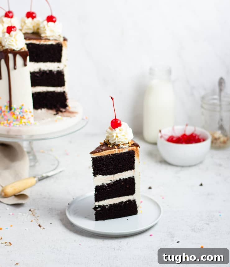 Indulgent Fudge Sundae Cake Recipe with Hot Fudge Sauce 2 cut slice of cake on a plate
