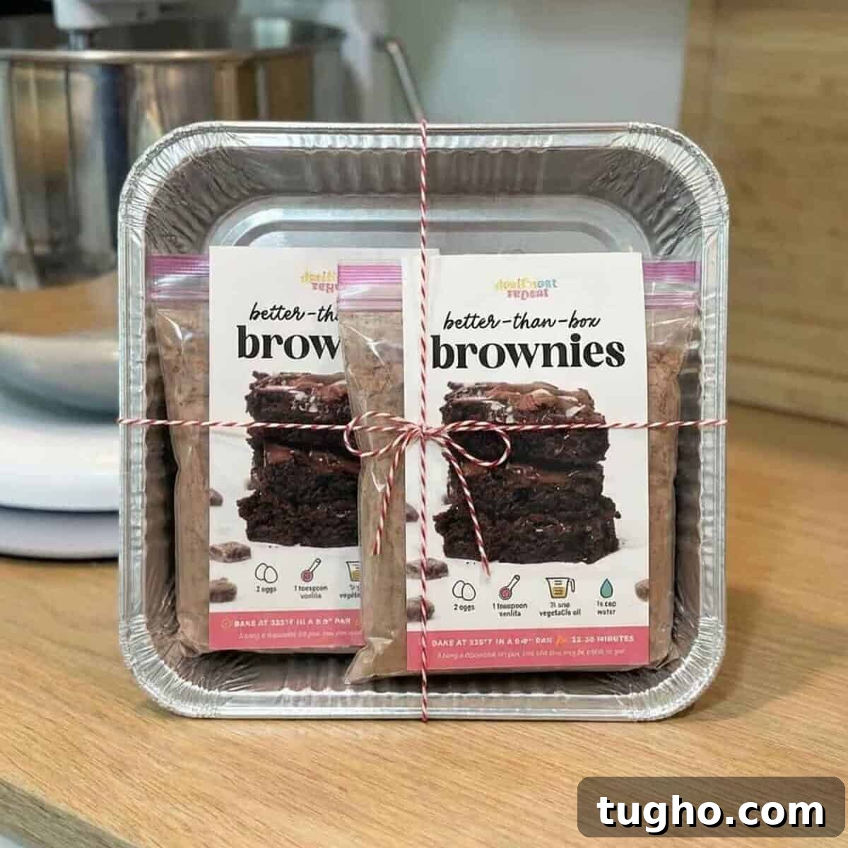 Homemade Brownie Mix Recipe for Gifts 14 Homemade brownie mix portioned into foil baking pans tied with ribbon as a ready-to-bake gift
