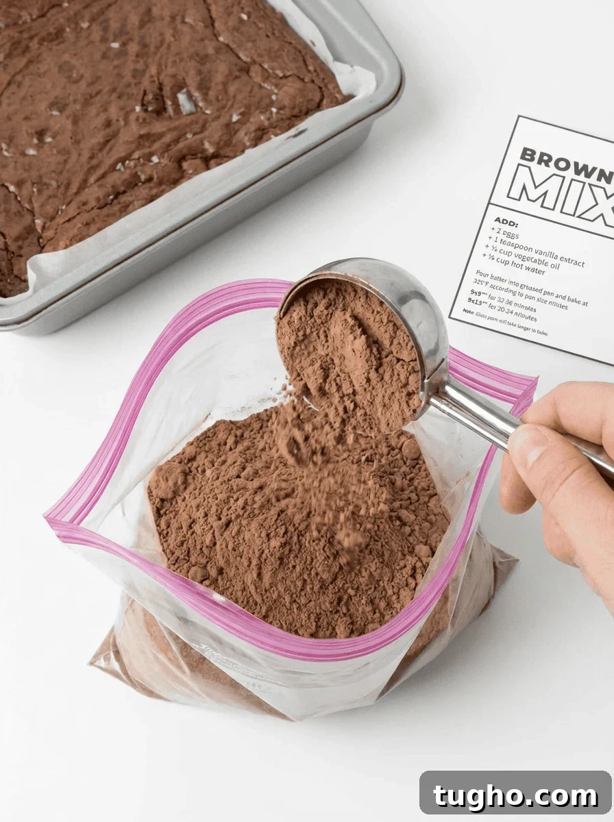Homemade Brownie Mix Recipe for Gifts 7 Scooping homemade brownie mix into a quart-size ziplock bag next to a sealed bag of DIY brownie mix
