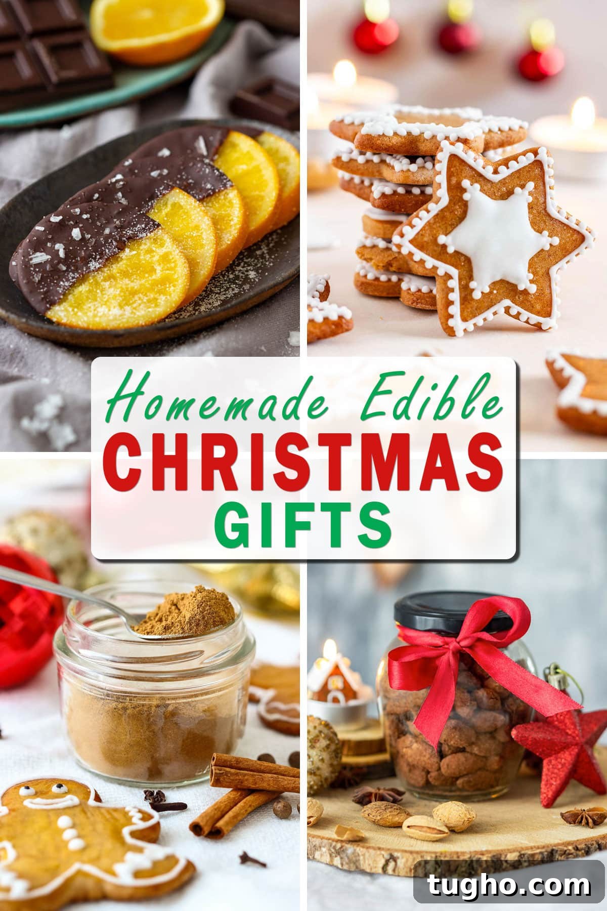 Homemade edible Christmas gifts collage showing chocolate dipped oranges, star shaped gingerbread cookies, gingerbread spice mix and spiced nuts with red ribbon.