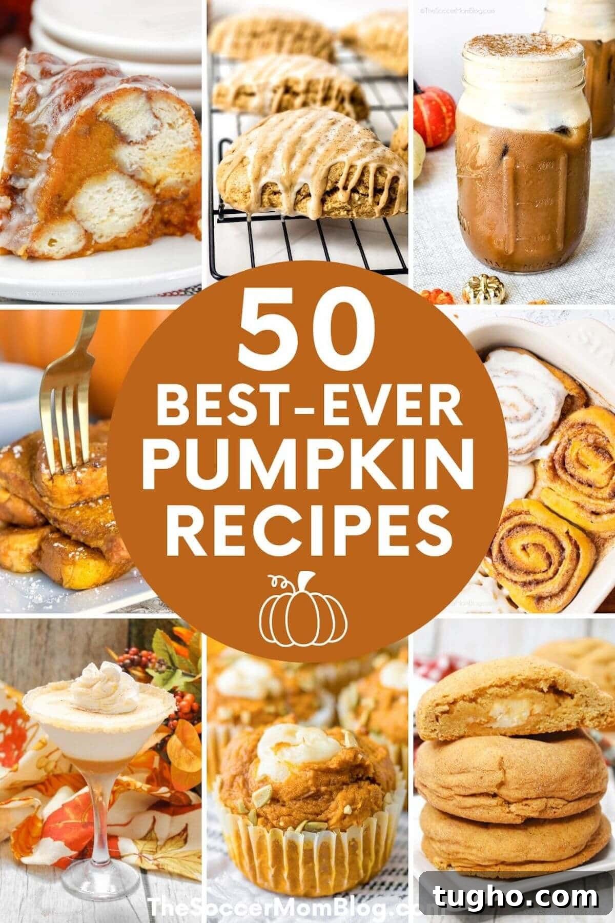 No-Bake Pumpkin Pie Recipe: Creamy Thanksgiving Dessert 10 collage of pumpkin flavored recipes; text overlay "50 Best-Ever Pumpkin Recipes"