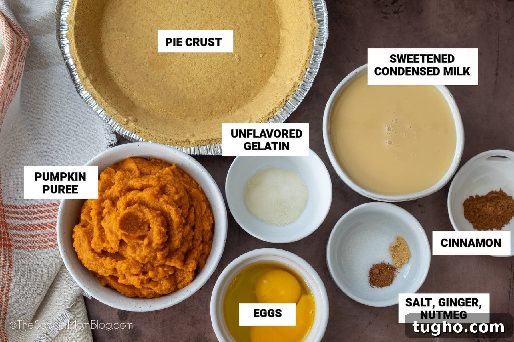 No-Bake Pumpkin Pie Recipe: Creamy Thanksgiving Dessert 4 no bake pumpkin pie ingredients with text labels: pie crust, pumpkin puree, gelatin, sweet condensed milk, eggs, salt, ginger, cinnamon, nutmeg