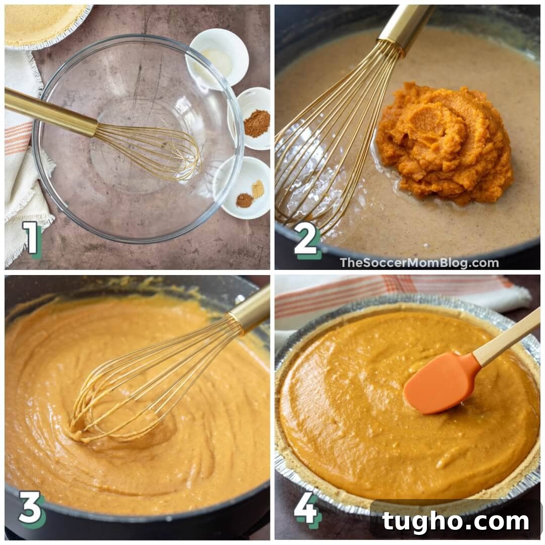 No-Bake Pumpkin Pie Recipe: Creamy Thanksgiving Dessert 5 4 step photo collage showing how to make a no bake pumpkin pie