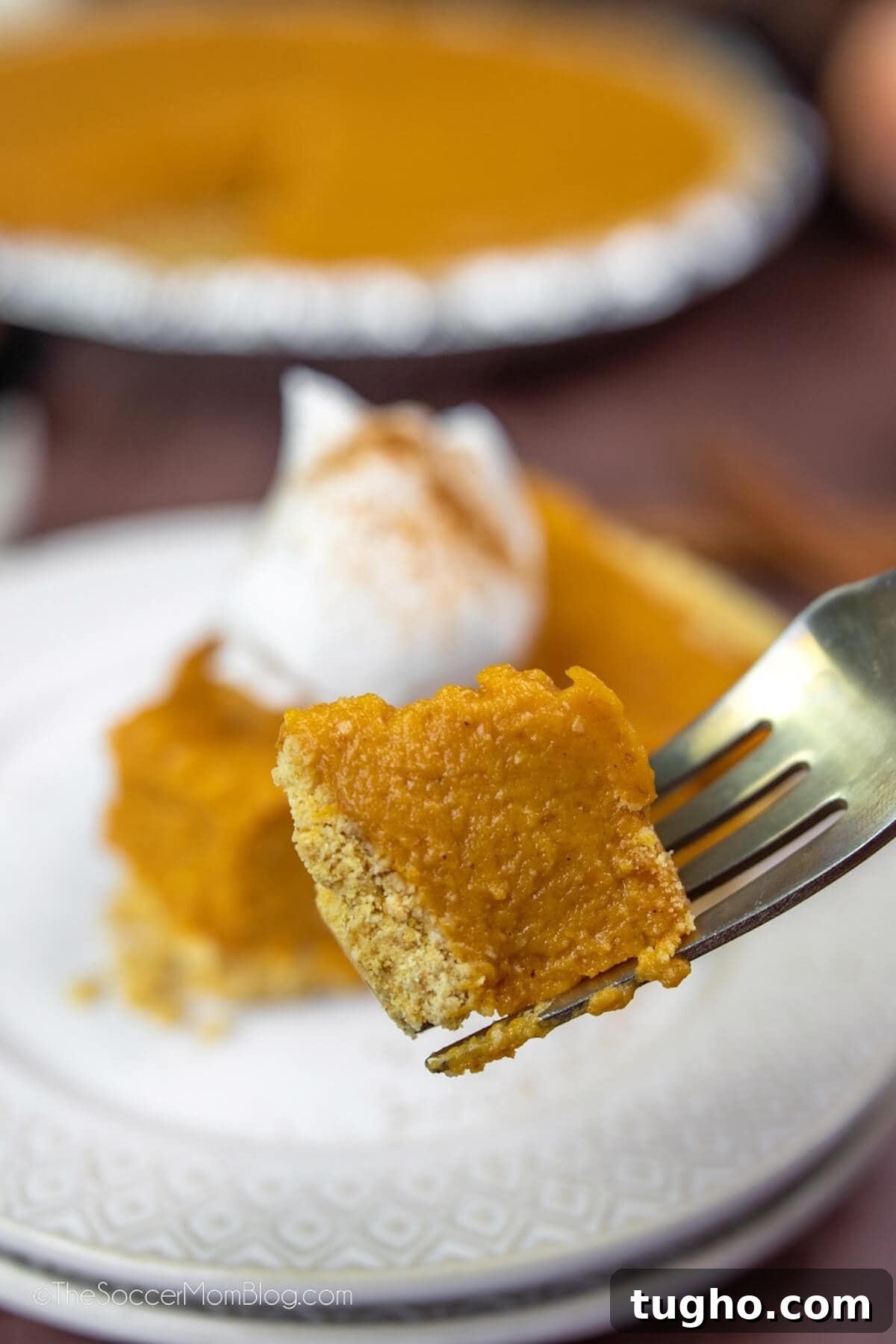 No-Bake Pumpkin Pie Recipe: Creamy Thanksgiving Dessert 6 fork with a bite of pumpkin pie, full pie in background