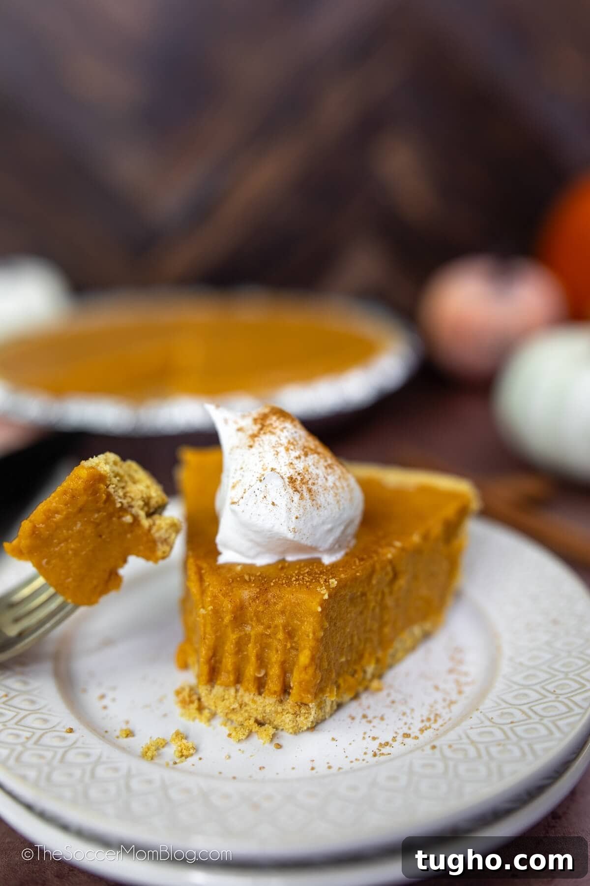 No-Bake Pumpkin Pie Recipe: Creamy Thanksgiving Dessert 7 pumpkin pie slice, with a bite missing and full pie behind it