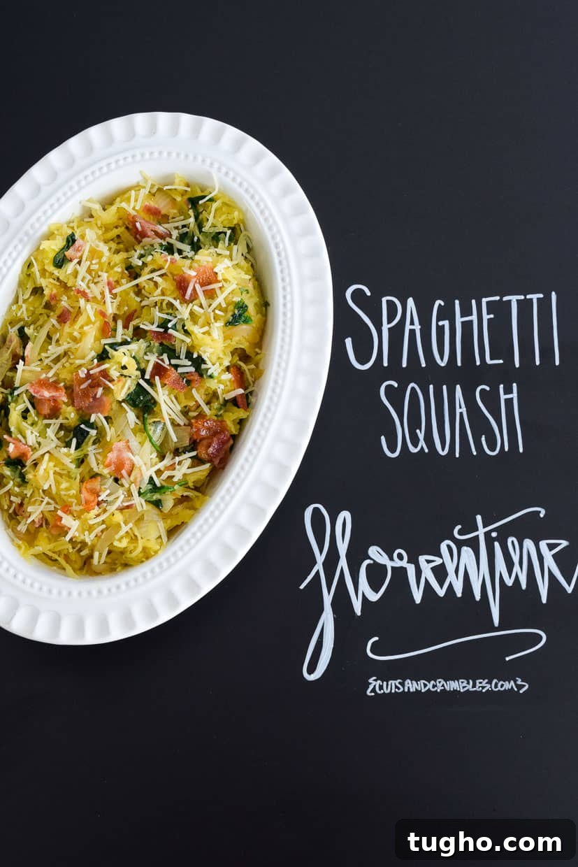 Spaghetti Squash Florentine Recipe with Spinach and Parmesan 2 Spaghetti Squash Florentine in white bowl with title written on chalkboard