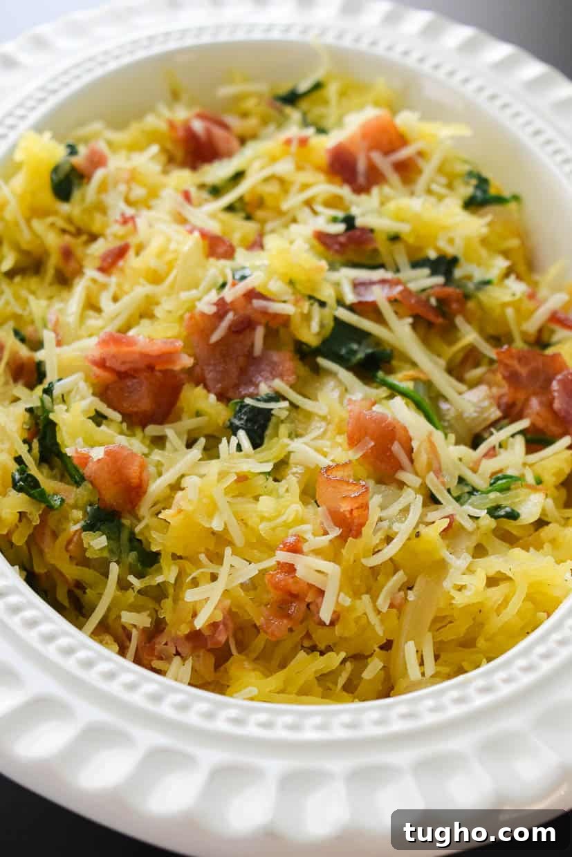 Spaghetti Squash Florentine Recipe with Spinach and Parmesan 4 Spaghetti Squash Florentine in white bowl ready to be served