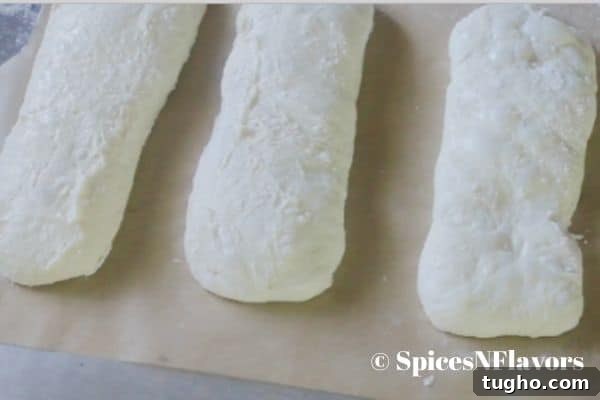 How to Make Authentic Ciabatta Bread at Home 7 loaves placed on a parchment paper