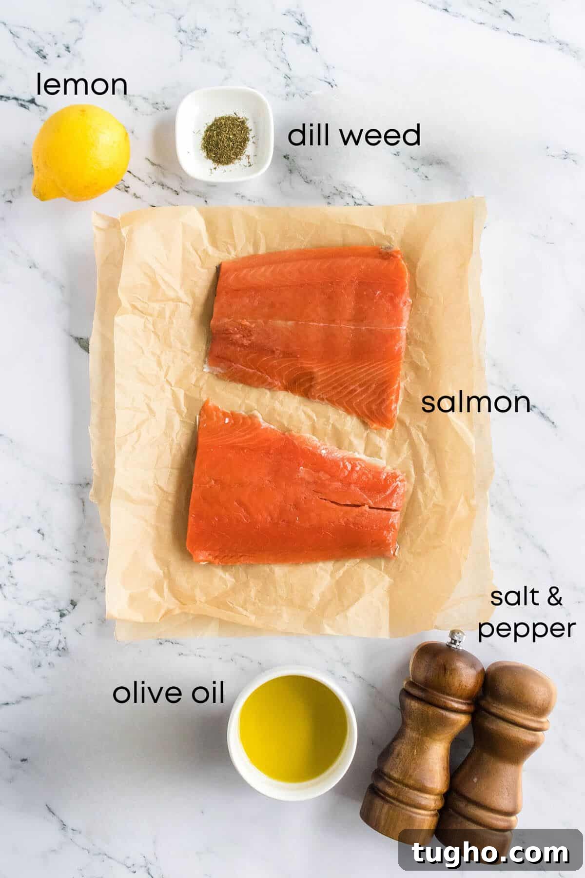 Lemon Dill Salmon Recipe 3 Ingredients measured out in individual containers and labeled.