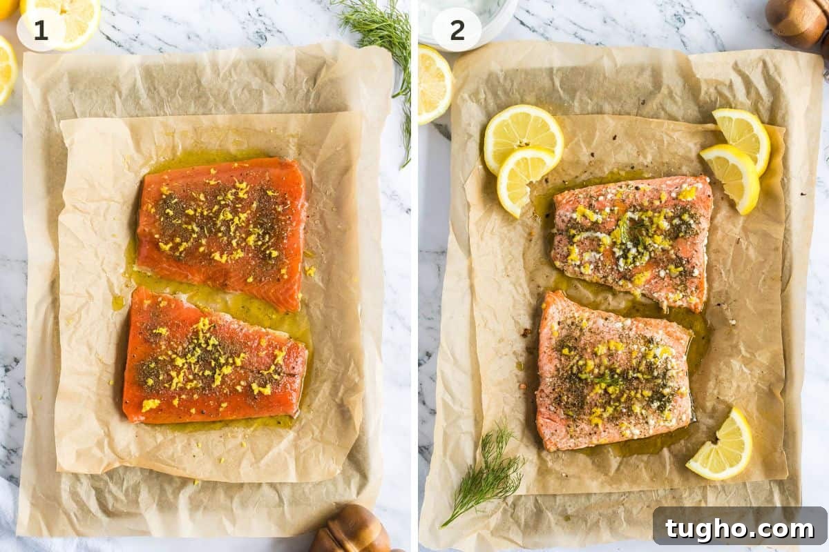Lemon Dill Salmon Recipe 4 Two photos of one unbaked salmon and one baked salmon.