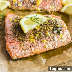 Lemon Dill Salmon Recipe 10 Baked salmon fillet topped with lemon zest and dill weed.