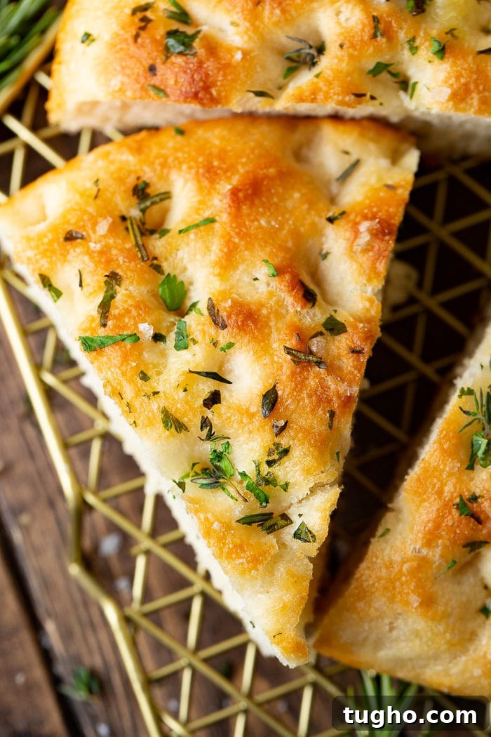 No-Knead Herbed Focaccia with Rosemary and Sea Salt 3 Triangular piece of herbed focaccia bread