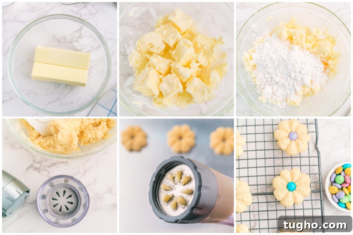 Step by step instructions on how to make Spring Spritz Cookies.
