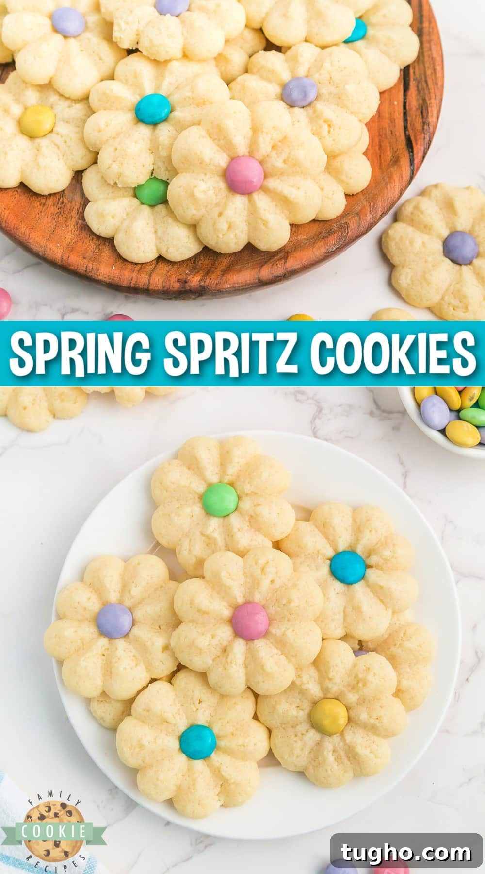 Spring Spritz Cookies are soft, buttery shortbread cookies. You only need 5 ingredients (plus M&Ms) to make these simple flower cookies that are perfect for Spring! 
