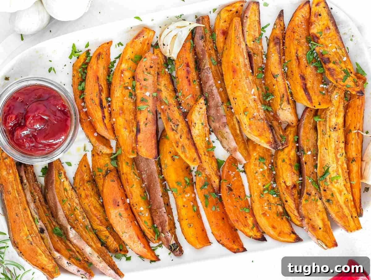 roasted sweet potato wedges on a platter with ketchup