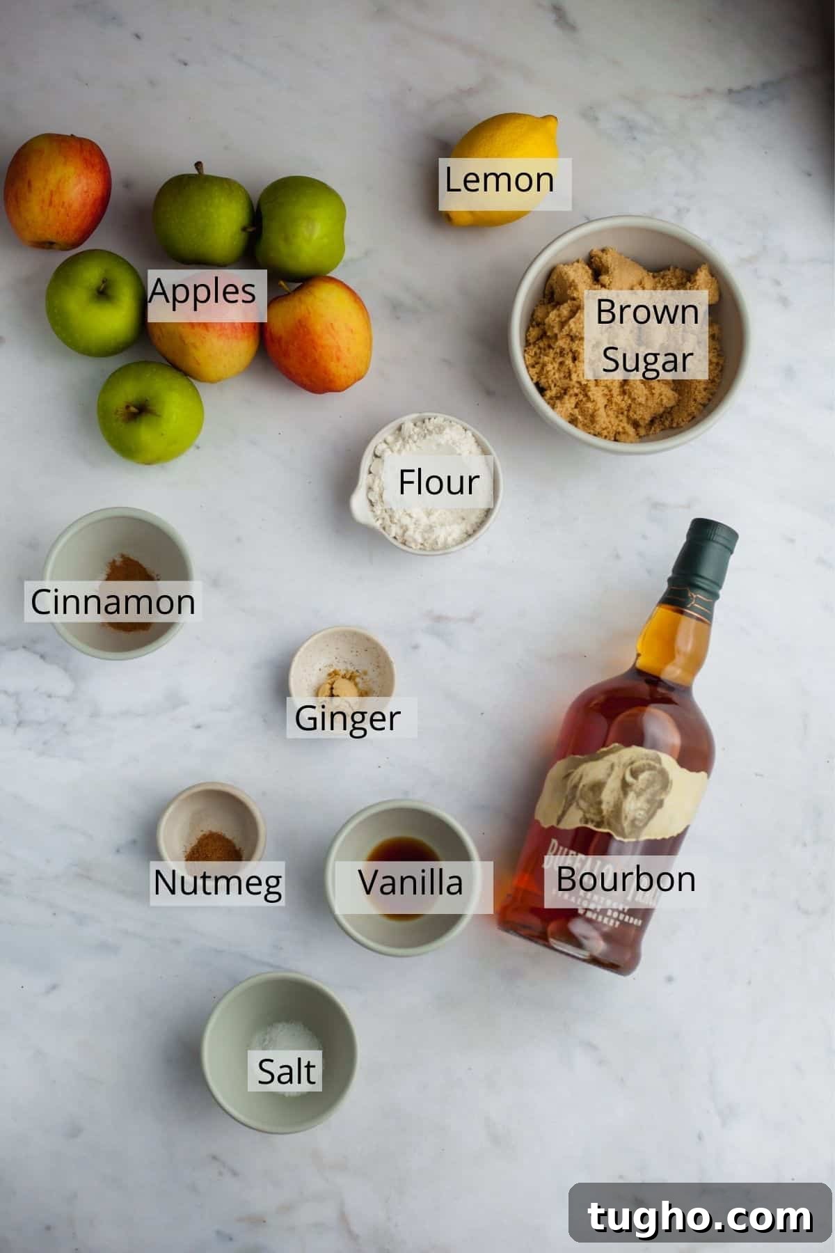 ingredients needed for bourbon apple pie in small bowls
