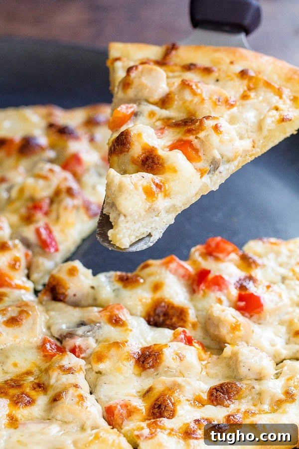 Creamy Chicken Alfredo Pizza Recipe 3 Tips and tricks for delicious thin crust pizza with creamy cheesy chicken alfredo topping.