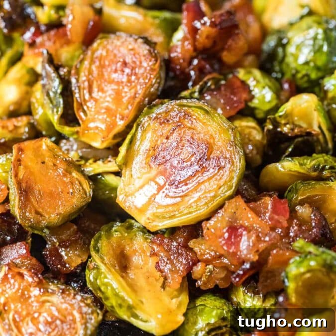Close-up view of maple bacon brussels sprouts.