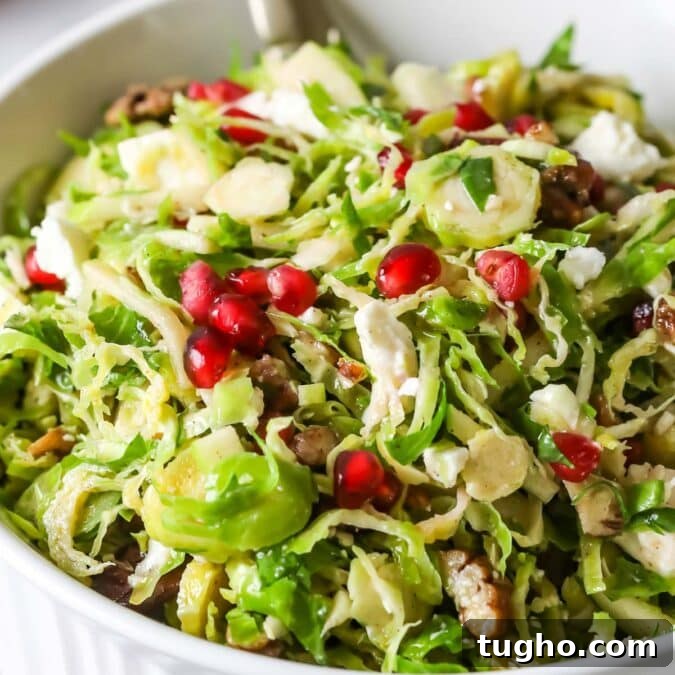 Shaved brussels sprouts salad topped with pomegranate arils.