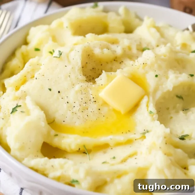 Bowl of mashed potatoes topped with a melting pat of butter.