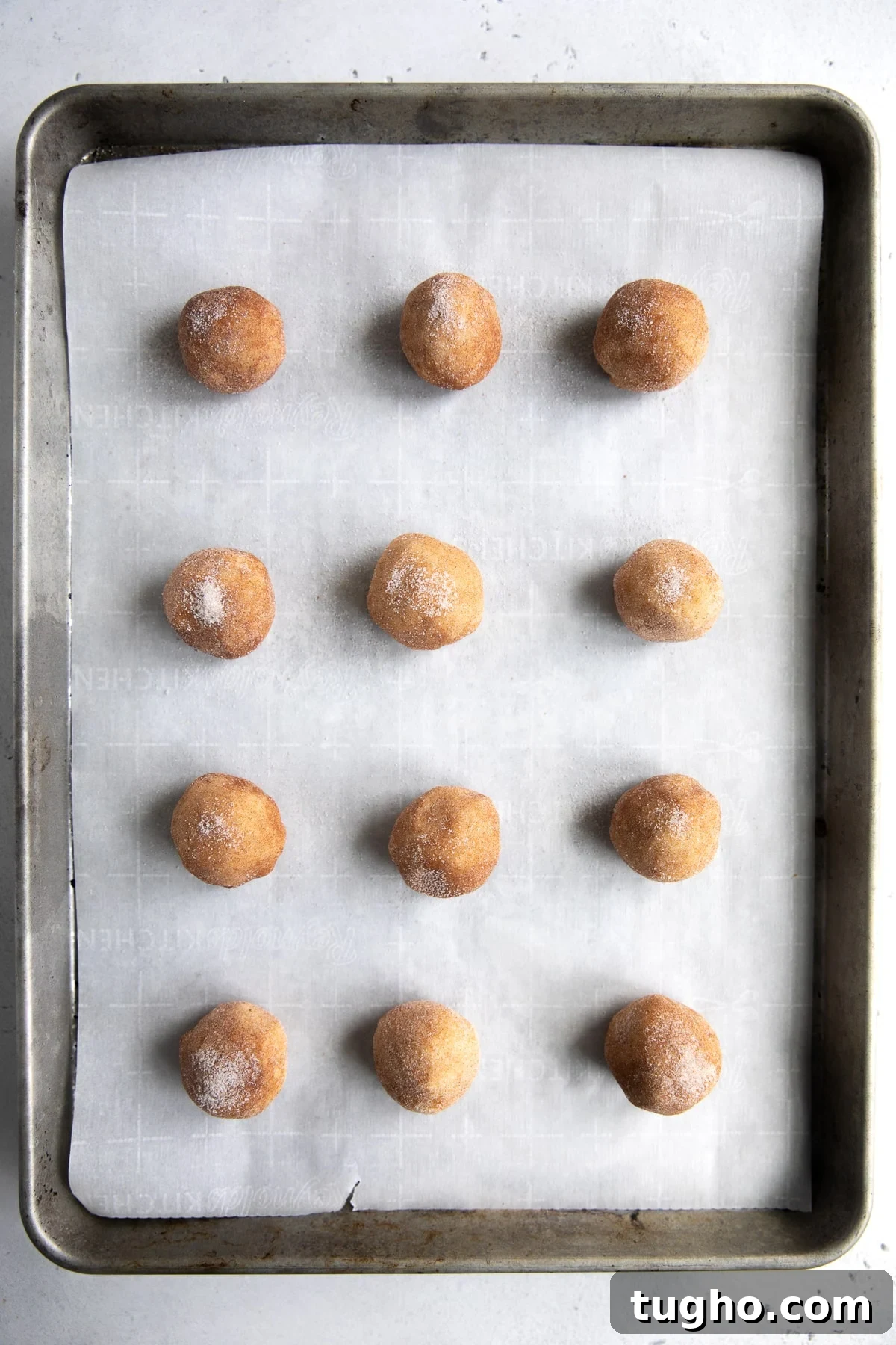 Soft and Chewy Snickerdoodle Cookies Recipe 4 Baking sheet with 12 ball of cookie dough