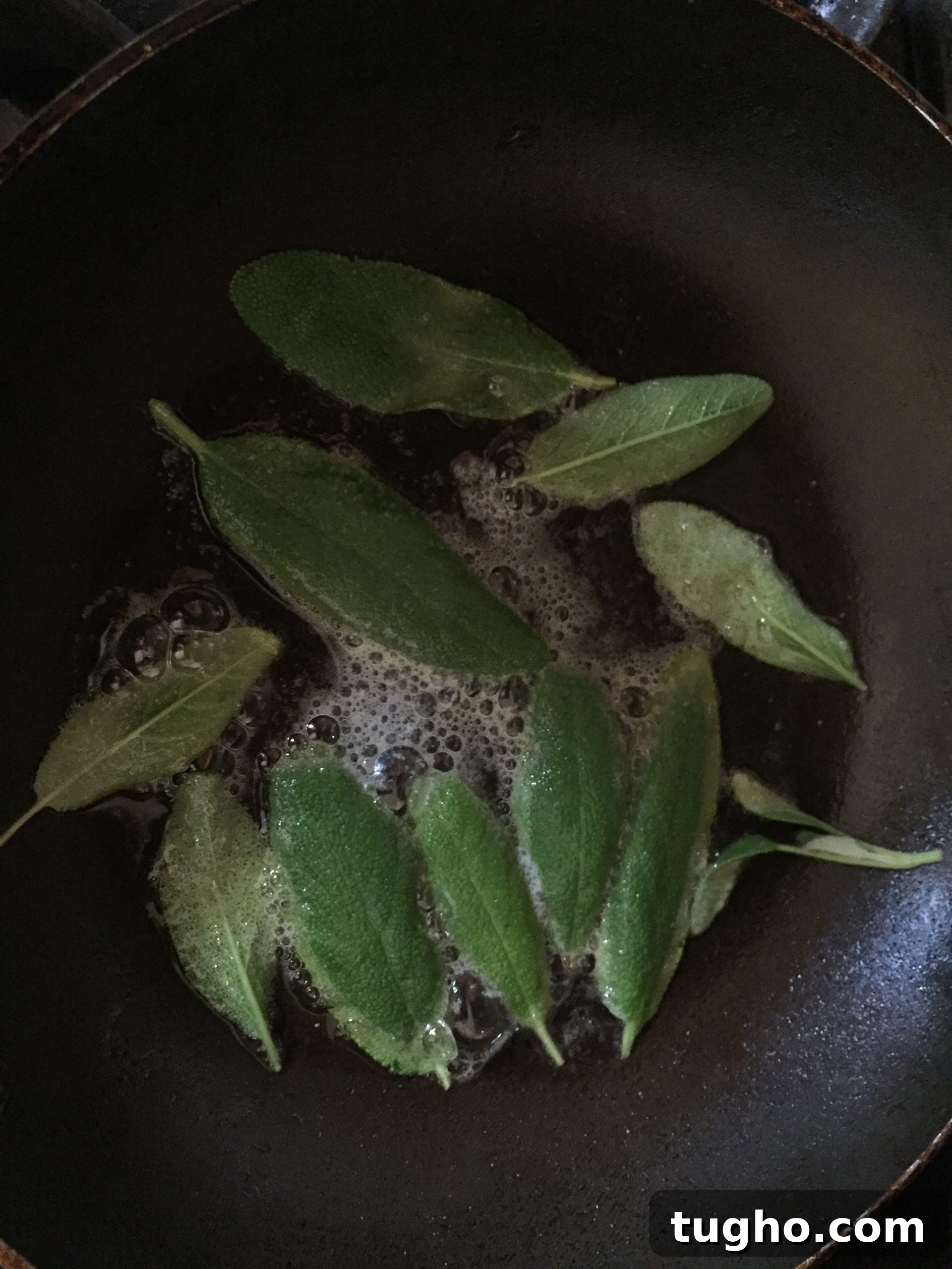 Saute sage leaves in butter-olive oil Saute sage leaves in butter-olive oil
