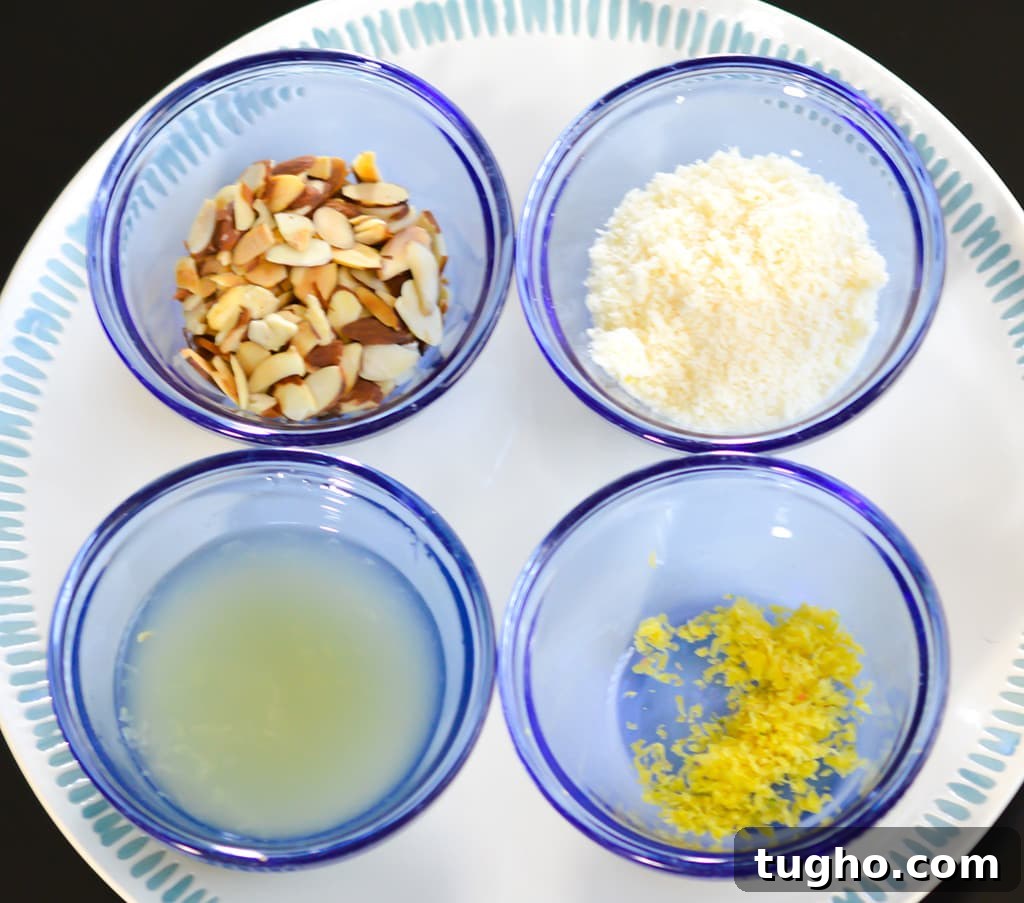 Four bowls containing broccoli ingredients