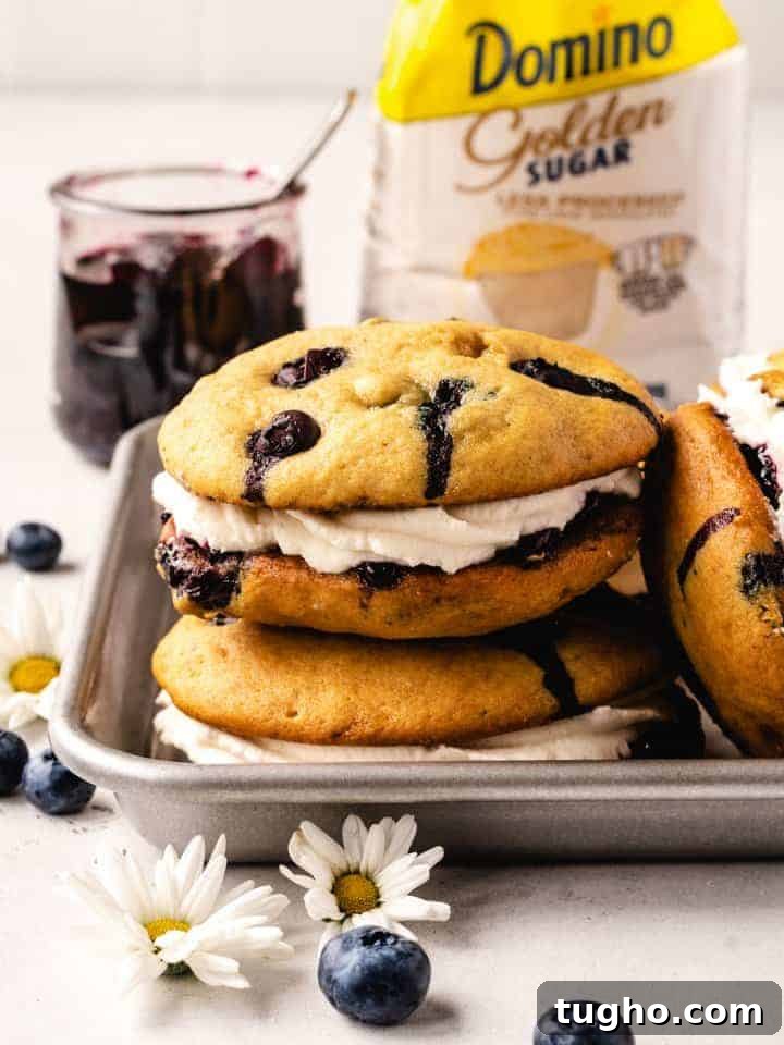 Blueberry Whoopie Pies Recipe: Soft Cream-Filled Treats 3 stack of blueberry whoopee pies with domino sugar behind