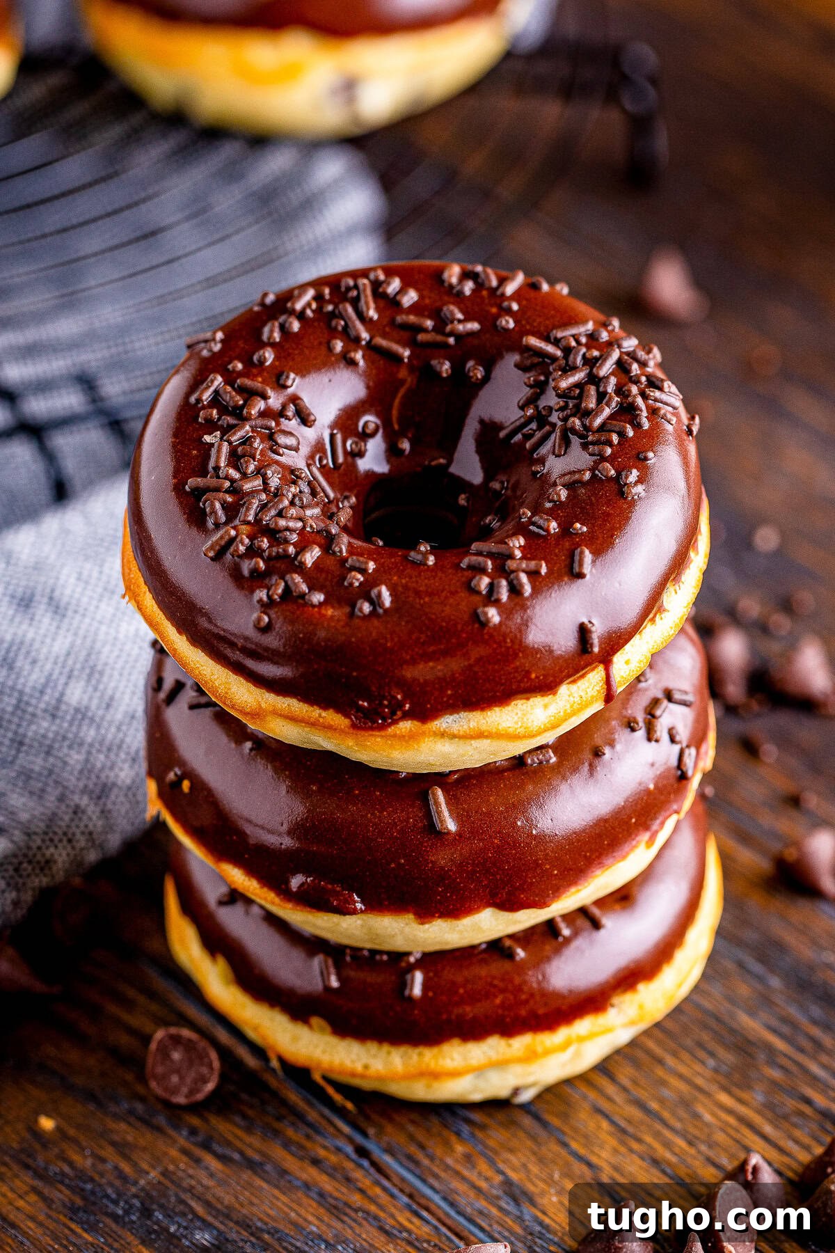 Fluffy Baked Chocolate Chip Cake Donuts Recipe 3 three Cake Donuts stacked