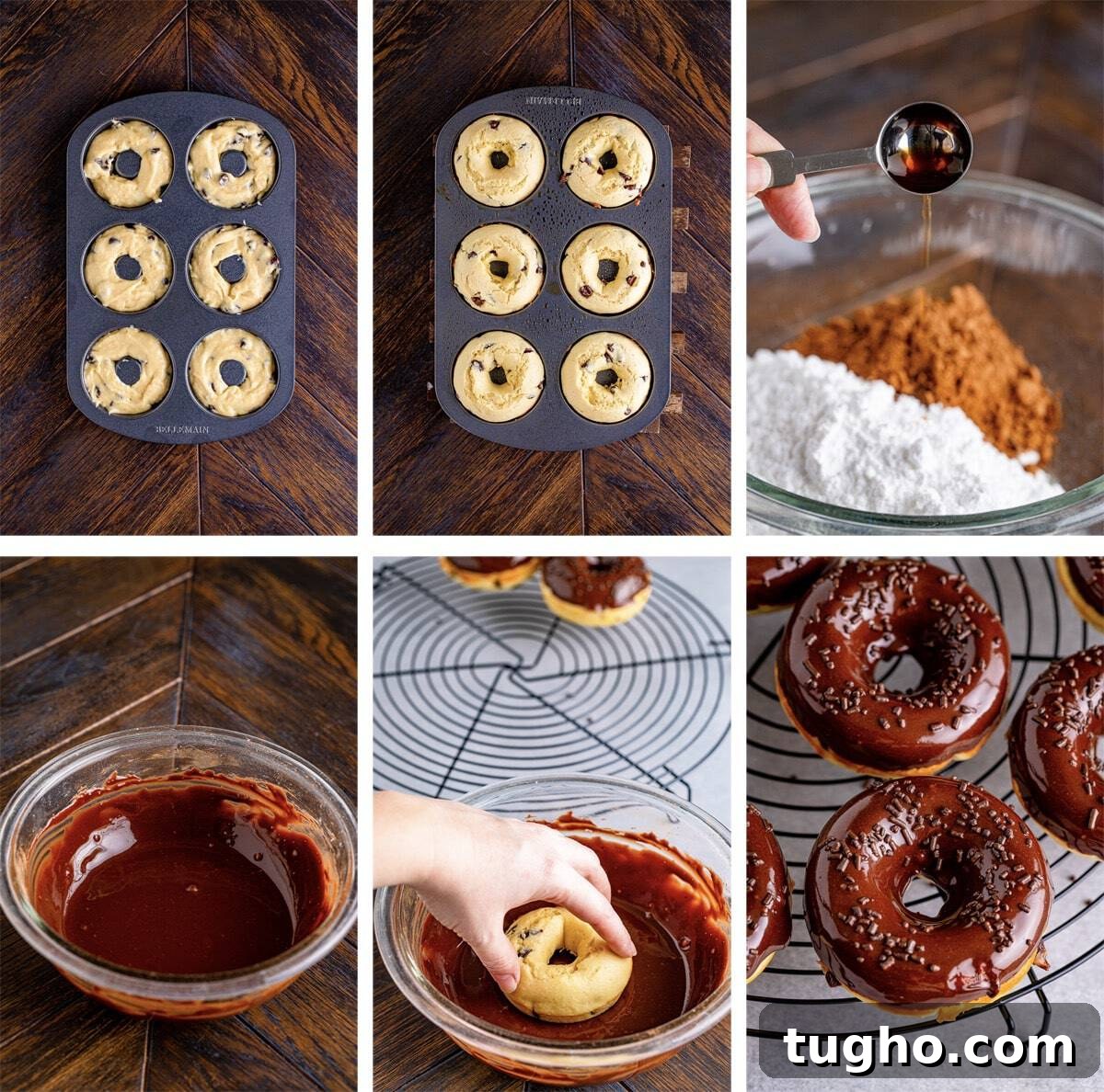Fluffy Baked Chocolate Chip Cake Donuts Recipe 5 collage of images showing the final steps on how to make Cake Donuts