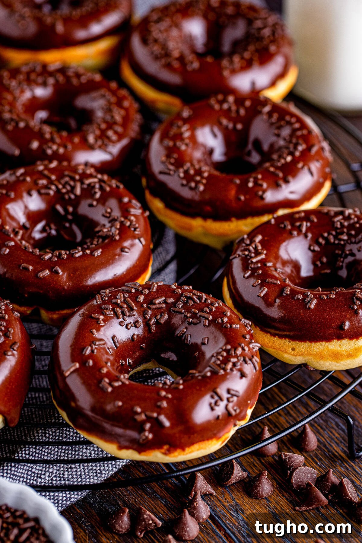 Fluffy Baked Chocolate Chip Cake Donuts Recipe 7 lots of Cake Donuts on wire rack