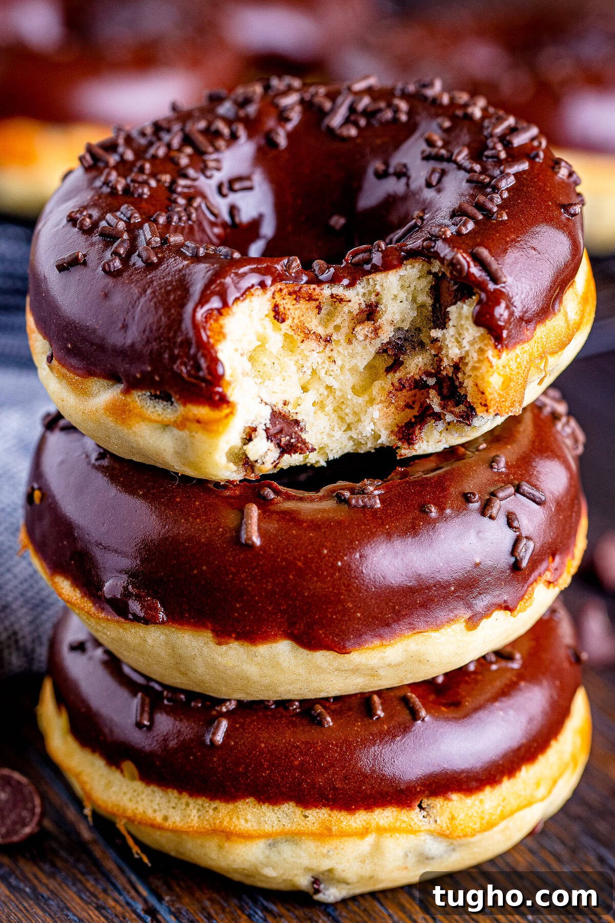 Fluffy Baked Chocolate Chip Cake Donuts Recipe 8 three Cake Donuts stacked the one on top has a bite taken out