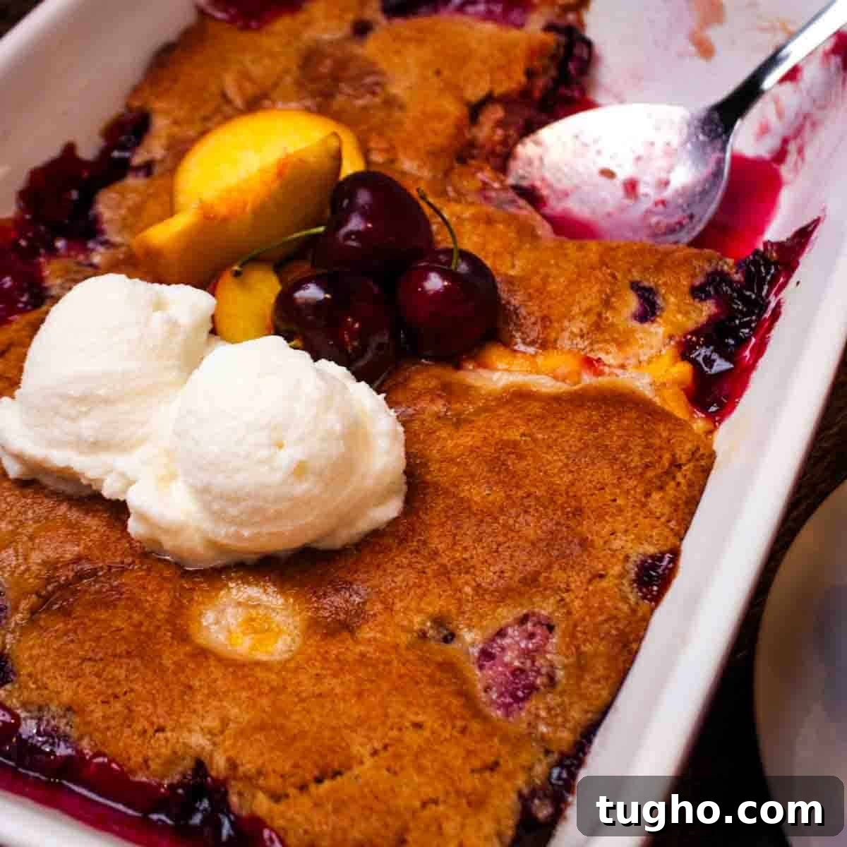 Homemade Cherry and Peach Cobbler Recipe 14 The cobbler in a dish, garnished with ice cream and fresh fruit.
