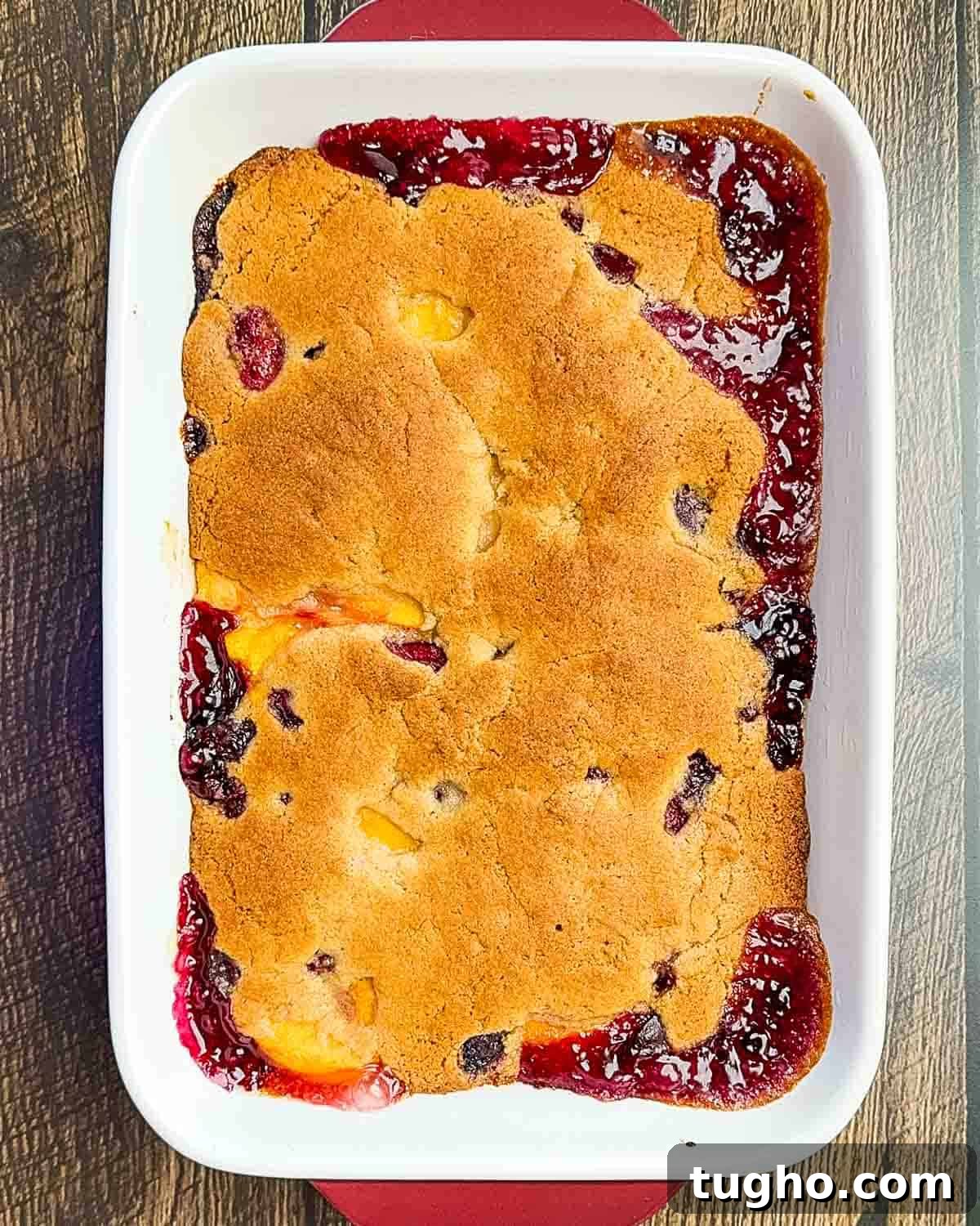 Homemade Cherry and Peach Cobbler Recipe 10 The baked peach cherry cobbler cooling in a baking dish.