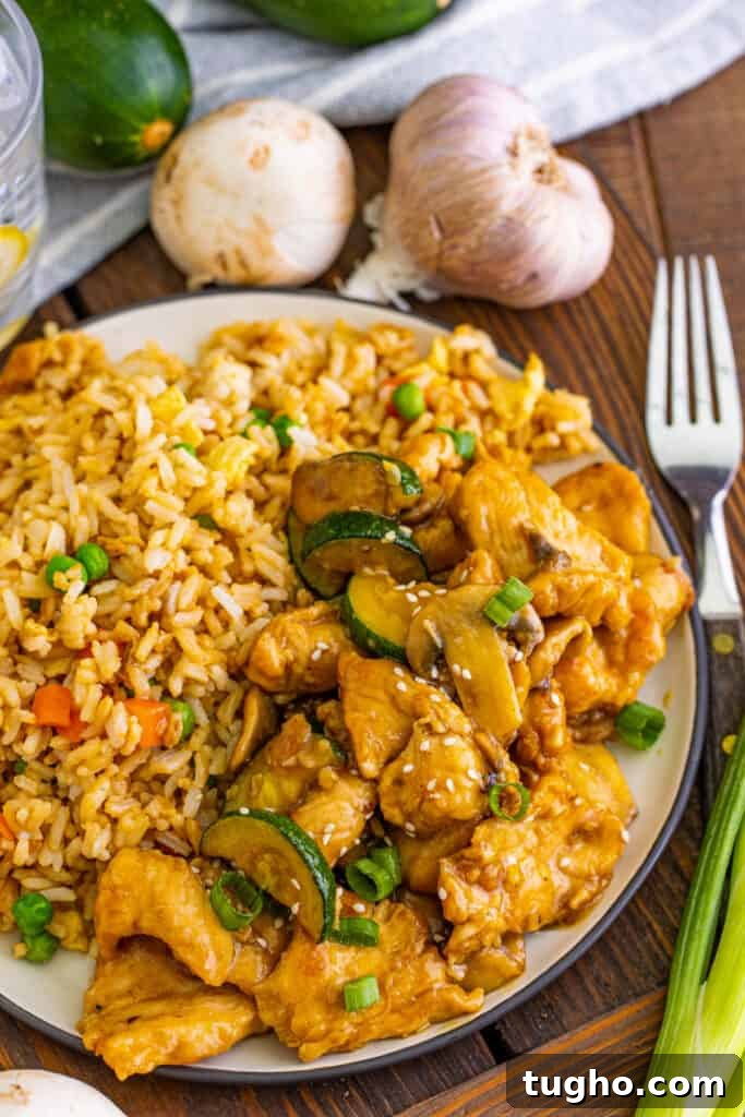 plate with copycat panda express mushroom chicken and fried rice