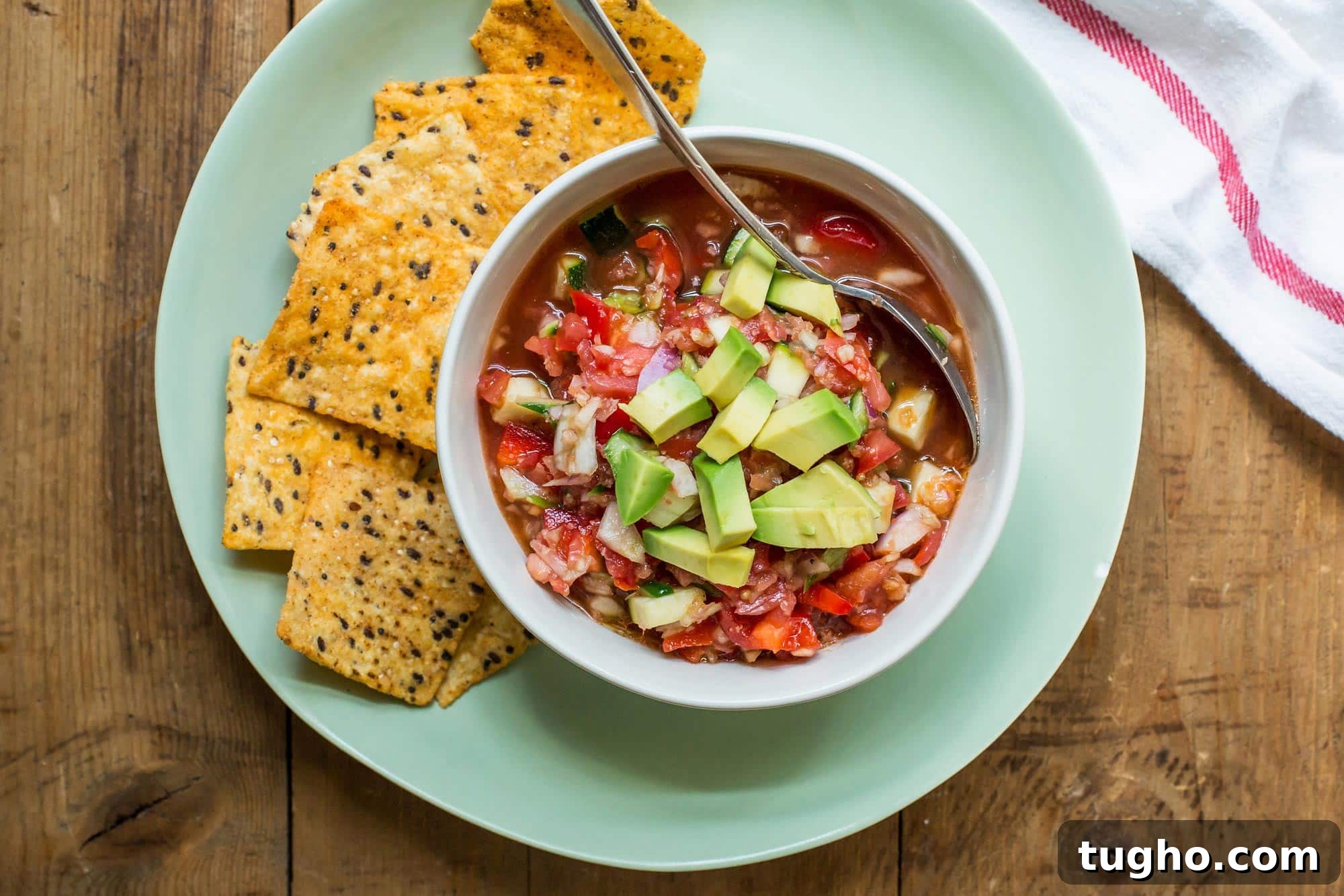 30 No-Cook Summer Recipes for Cool, Refreshing Meals 2 Gazpacho in bowl on plate with chips.