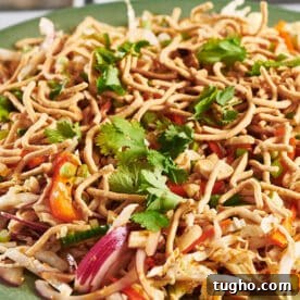 Chinese chicken salad on green plate.