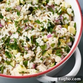 Chicken and Rice Salad in white pot.