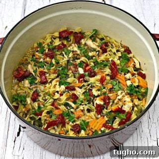 instant pot slow cooker chicken noodle soup with spinach in a serving bowl