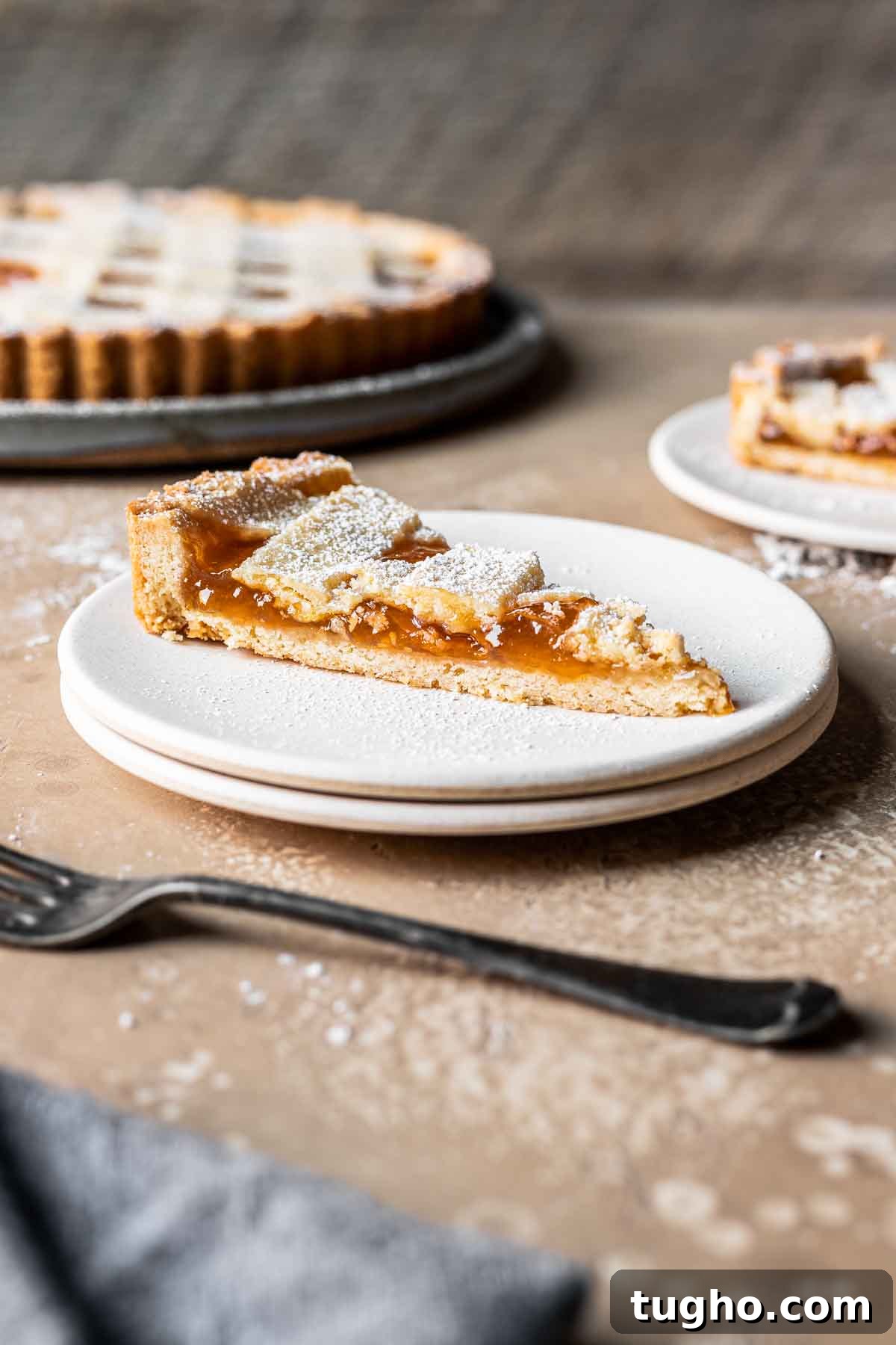 Classic Italian Jam Crostata Recipe 16 A slice of lattice topped apricot jam tart on a plate.