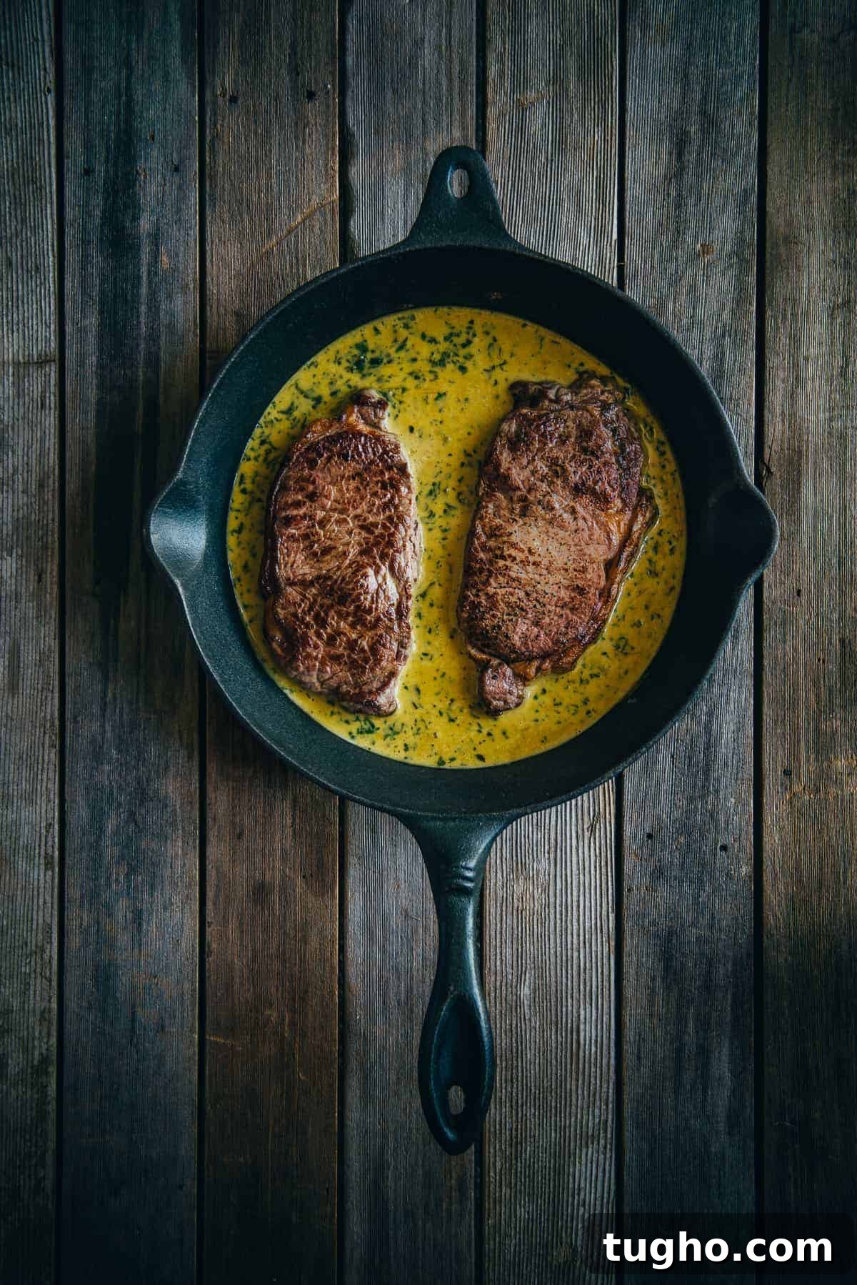 two steaks in a frying pan with Diane sauce