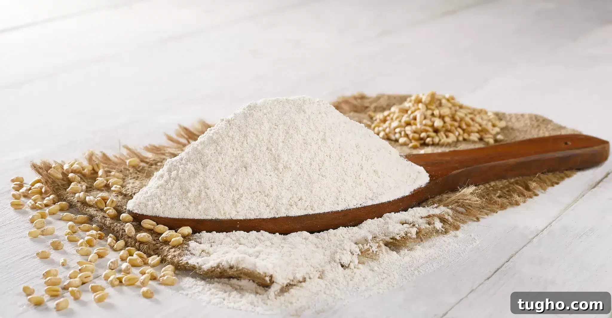 Coconut Flour vs Chapati Flour: Which Is Right for Your Recipe? 2 Chapati flour mounded on a spatula with some chapati flour spilling off; grains of wheat next to it, on a woven placemat, with a wooden table under it