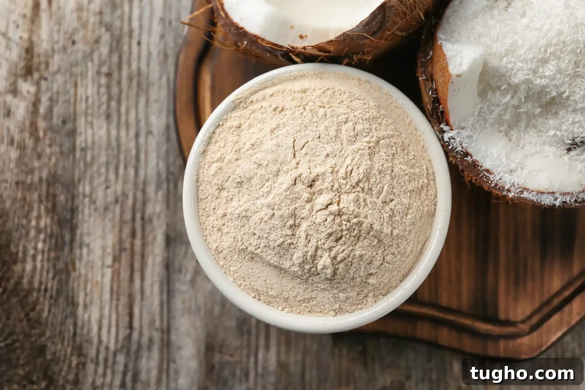 Coconut Flour vs Chapati Flour: Which Is Right for Your Recipe? 3 coconut flour in a bowl with another bowl of shredded coconut and coconut chunks; all on a wooden table
