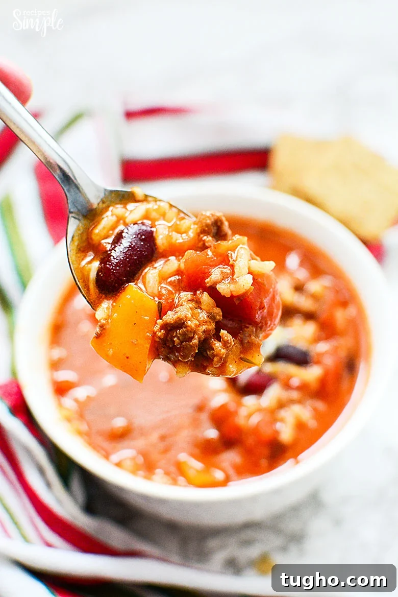Instant Pot Stuffed Pepper Soup Recipe 3 Closeup of Stuffed Pepper Soup In Spoon