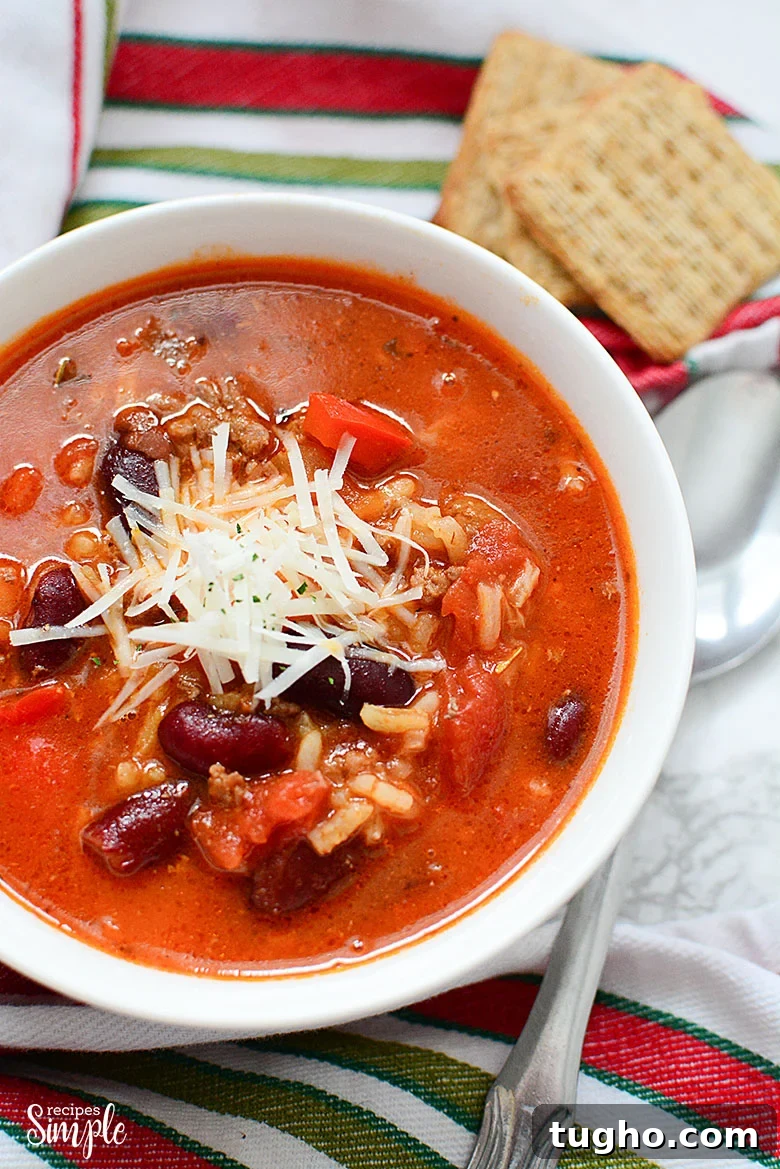 Instant Pot Stuffed Pepper Soup Recipe 4 Stuffed Pepper Soup In White Bowl with Spoon And Crackers