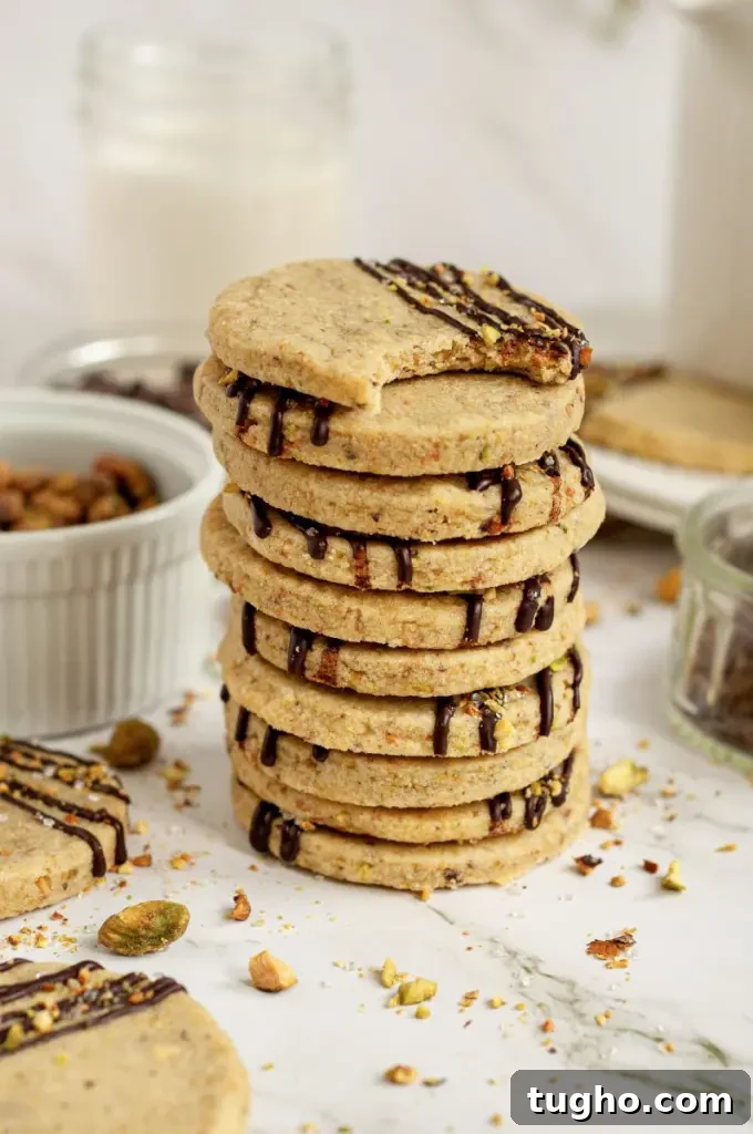 Light green pistachio shortbread cookies with a dark chocolate drizzle with sparkly white sprinkles and crushed pistachios on top of the chocolate.