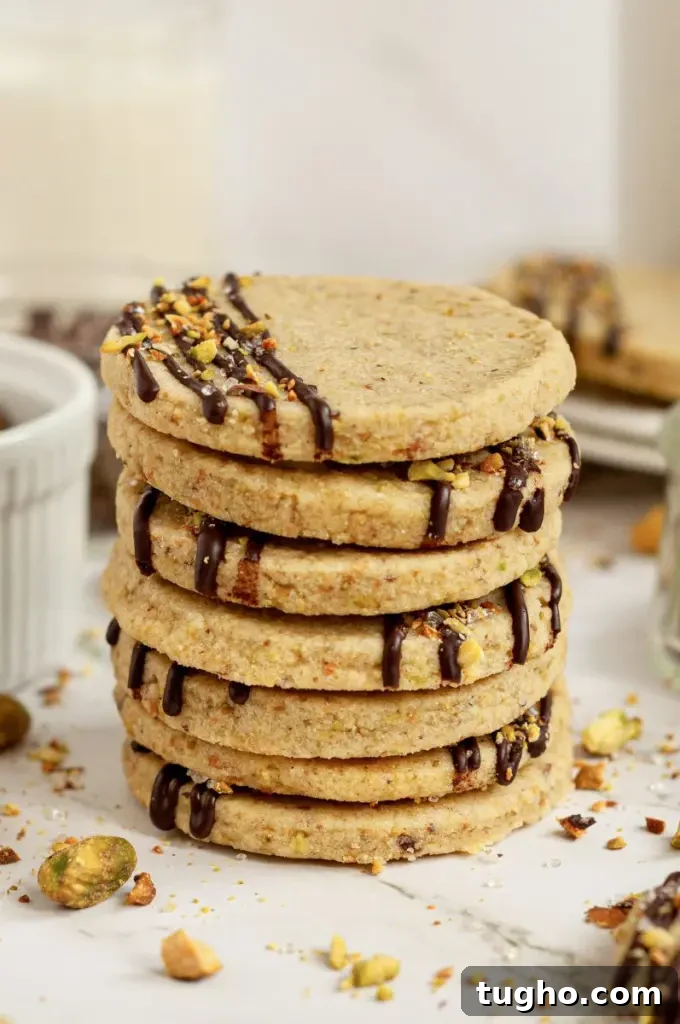 Light green pistachio shortbread cookies with a dark chocolate drizzle with sparkly white sprinkles and crushed pistachios on top of the chocolate.