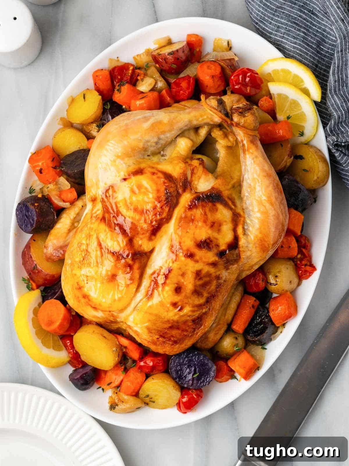 Crispy Oven Roasted Lemon Chicken with Garlic and Herbs 4 cooked chicken with vegetables on serving platter.