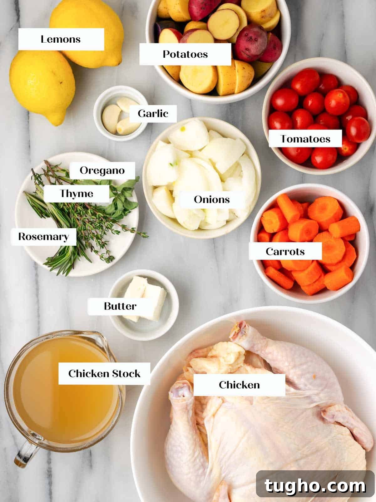 Crispy Oven Roasted Lemon Chicken with Garlic and Herbs 5 ingredients for roasted lemon chicken on marble.