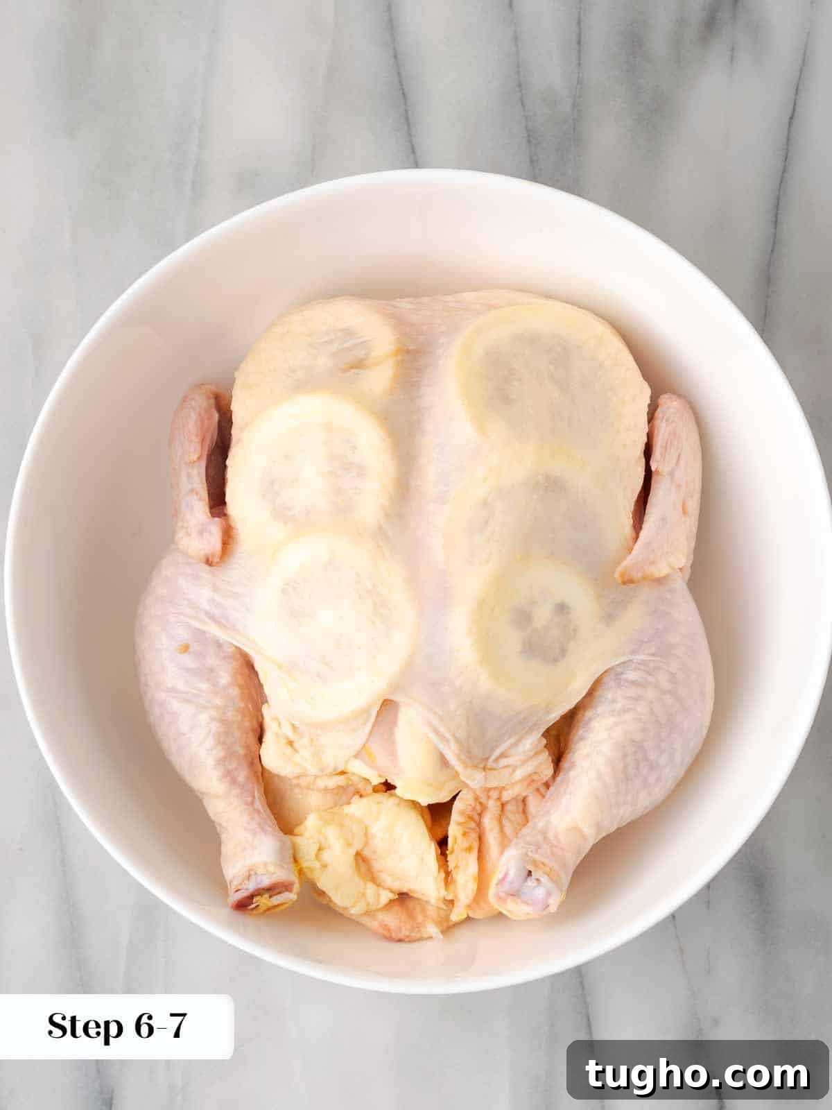 Crispy Oven Roasted Lemon Chicken with Garlic and Herbs 7 lemon slices stuffed under chicken skin.